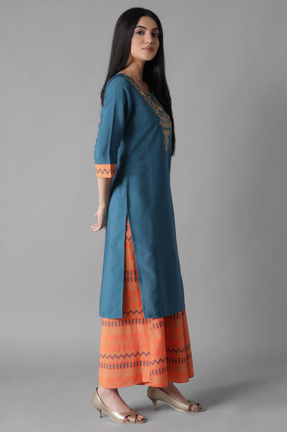 Blue Embroidered Solid Straight kurta Culottes Set