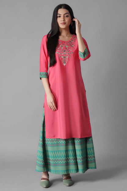 Pink Embroidered Solid Straight kurta Culottes Set