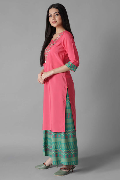 Pink Embroidered Solid Straight kurta Culottes Set