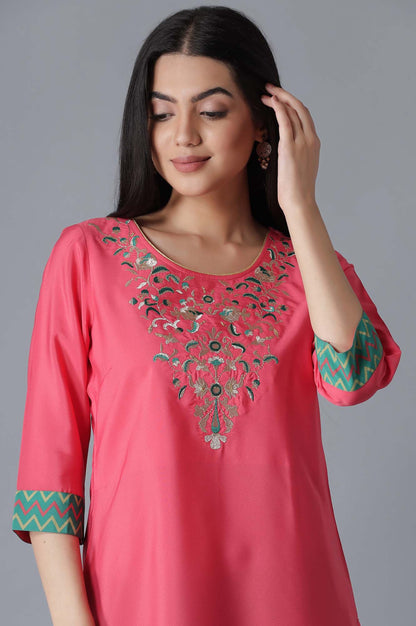 Pink Embroidered Solid Straight kurta Culottes Set