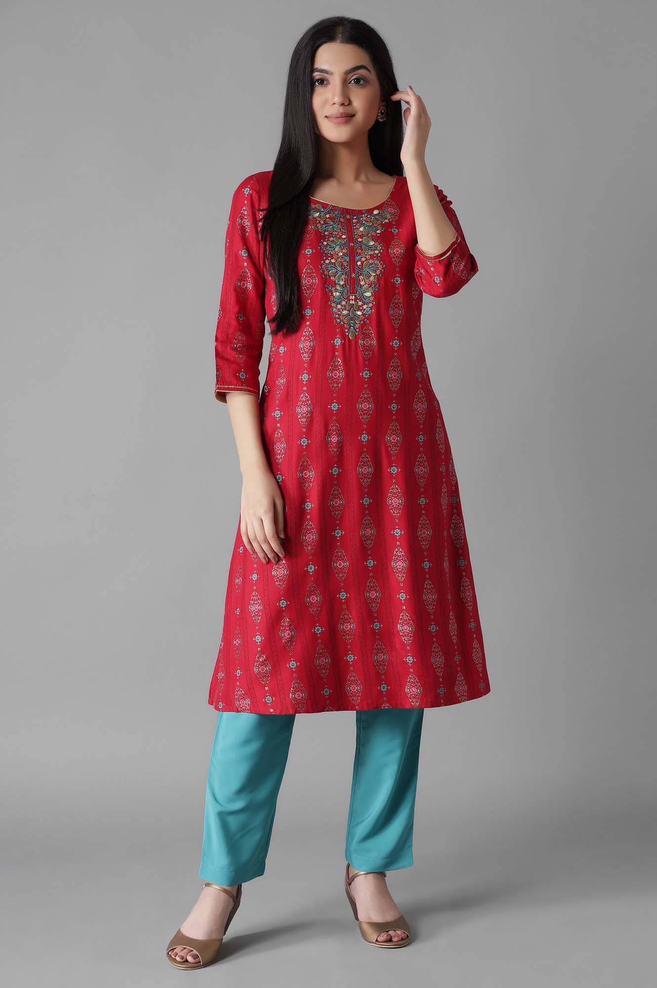 Maroon Embroidered Mughal Print A line kurta Trousers Set