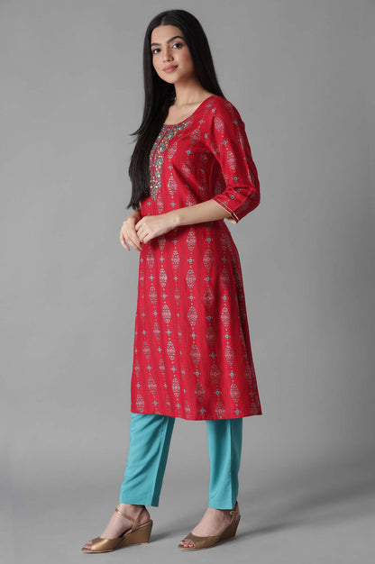 Maroon Embroidered Mughal Print A line kurta Trousers Set