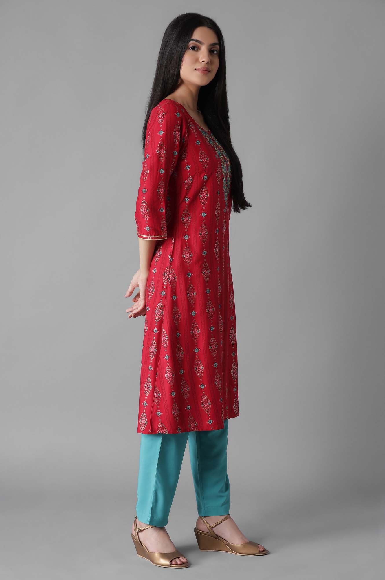 Maroon Embroidered Mughal Print A line kurta Trousers Set