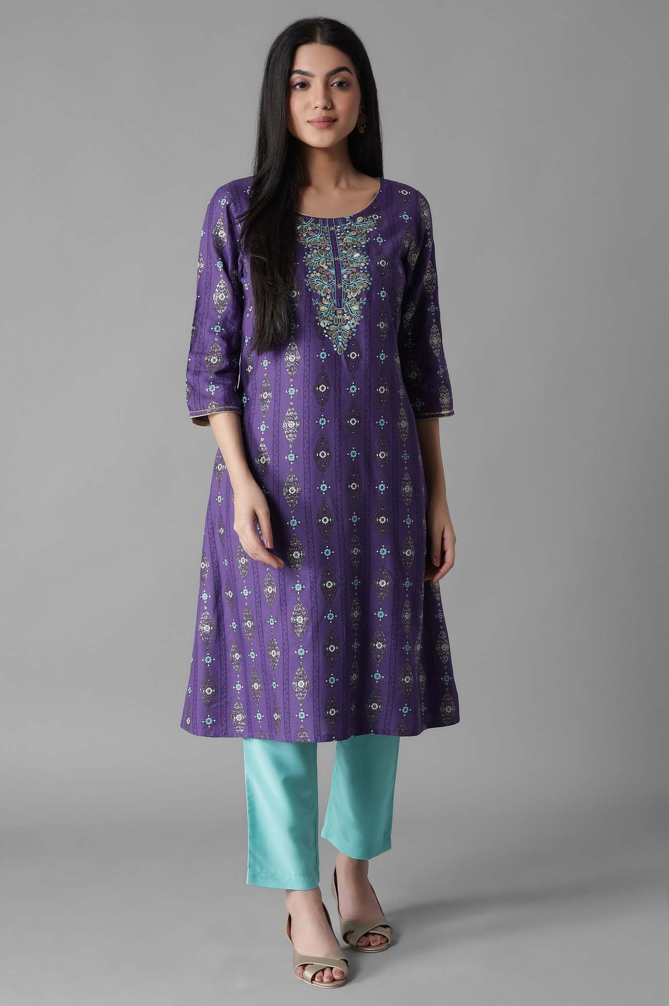 Purple Embroidered Mughal Print A line kurta Trousers Set