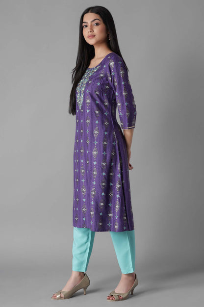 Purple Embroidered Mughal Print A line kurta Trousers Set