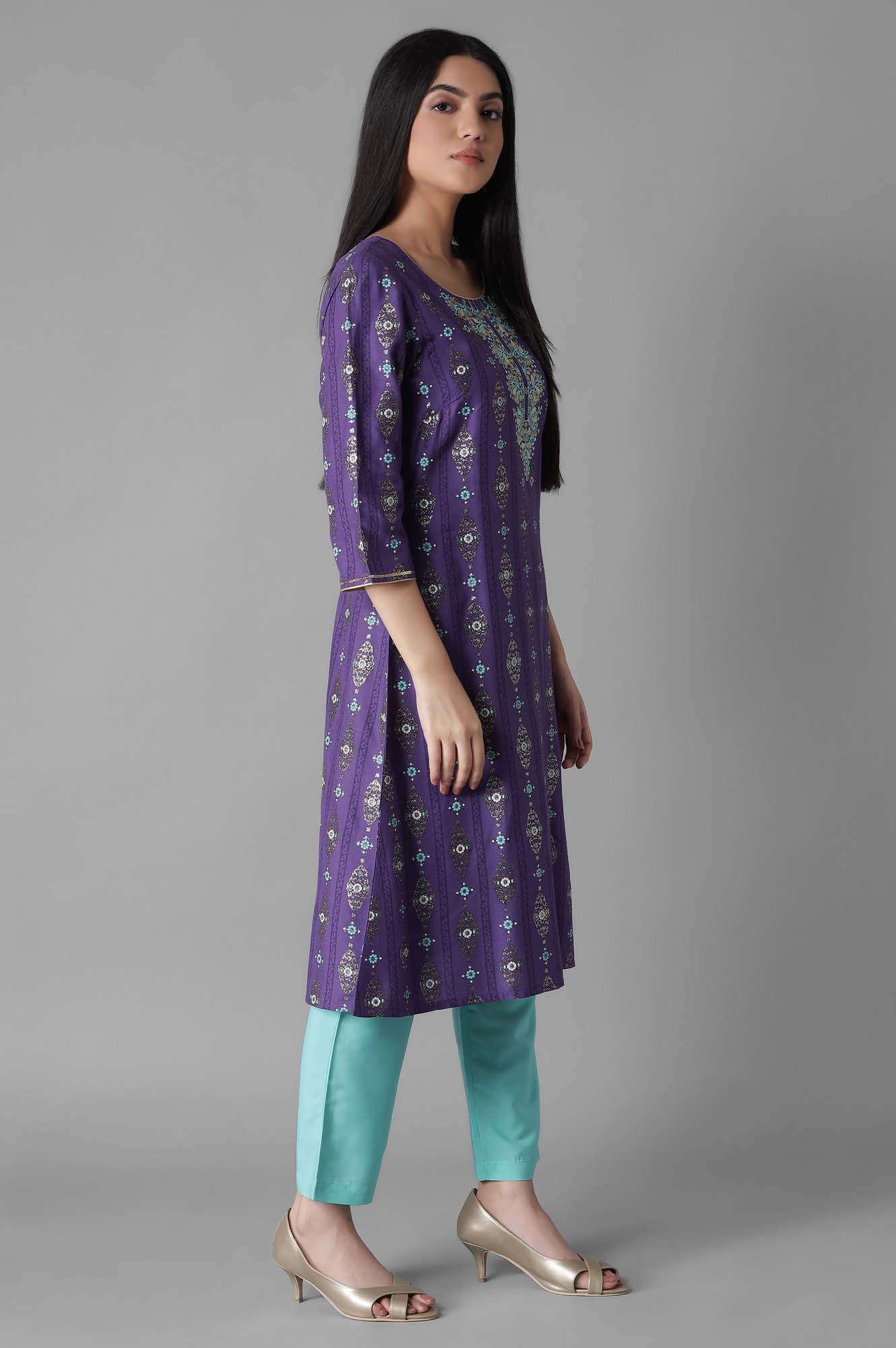 Purple Embroidered Mughal Print A line kurta Trousers Set