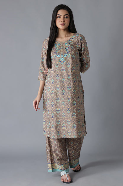 Brown Embroidered Mughal Print kurta Palazzos Set