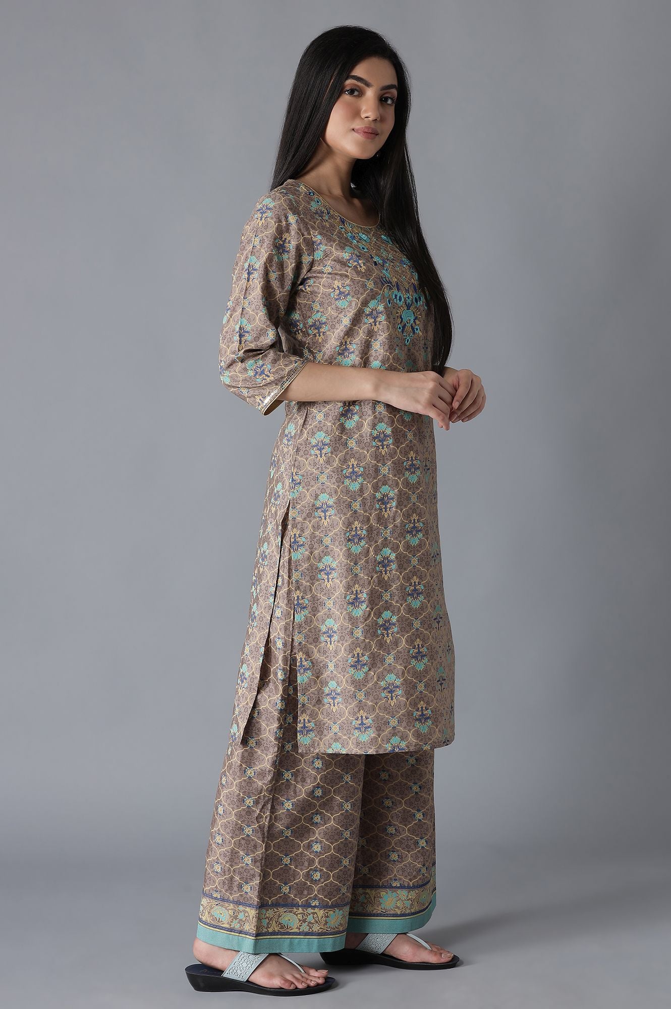 Brown Embroidered Mughal Print kurta Palazzos Set