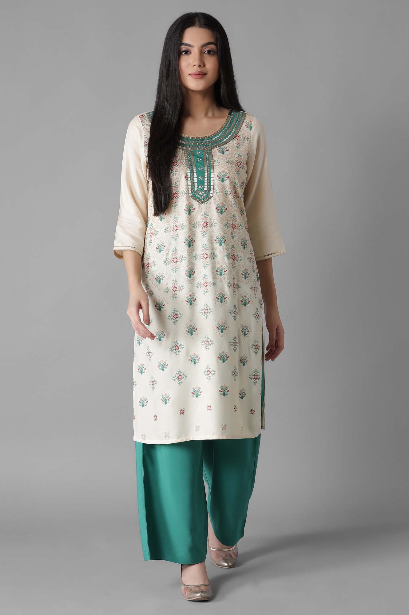 Natural Embroidered Mughal Print kurta Palazzos Set