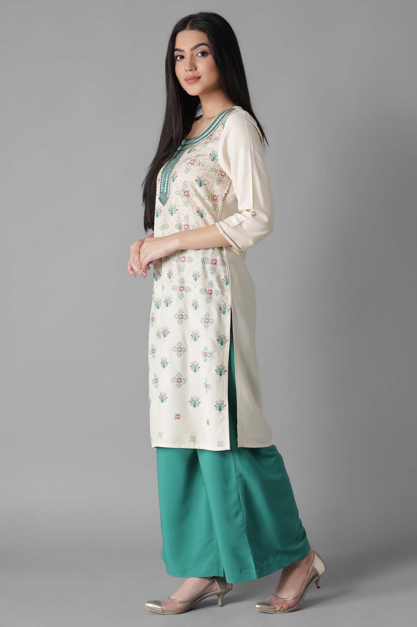 Natural Embroidered Mughal Print kurta Palazzos Set