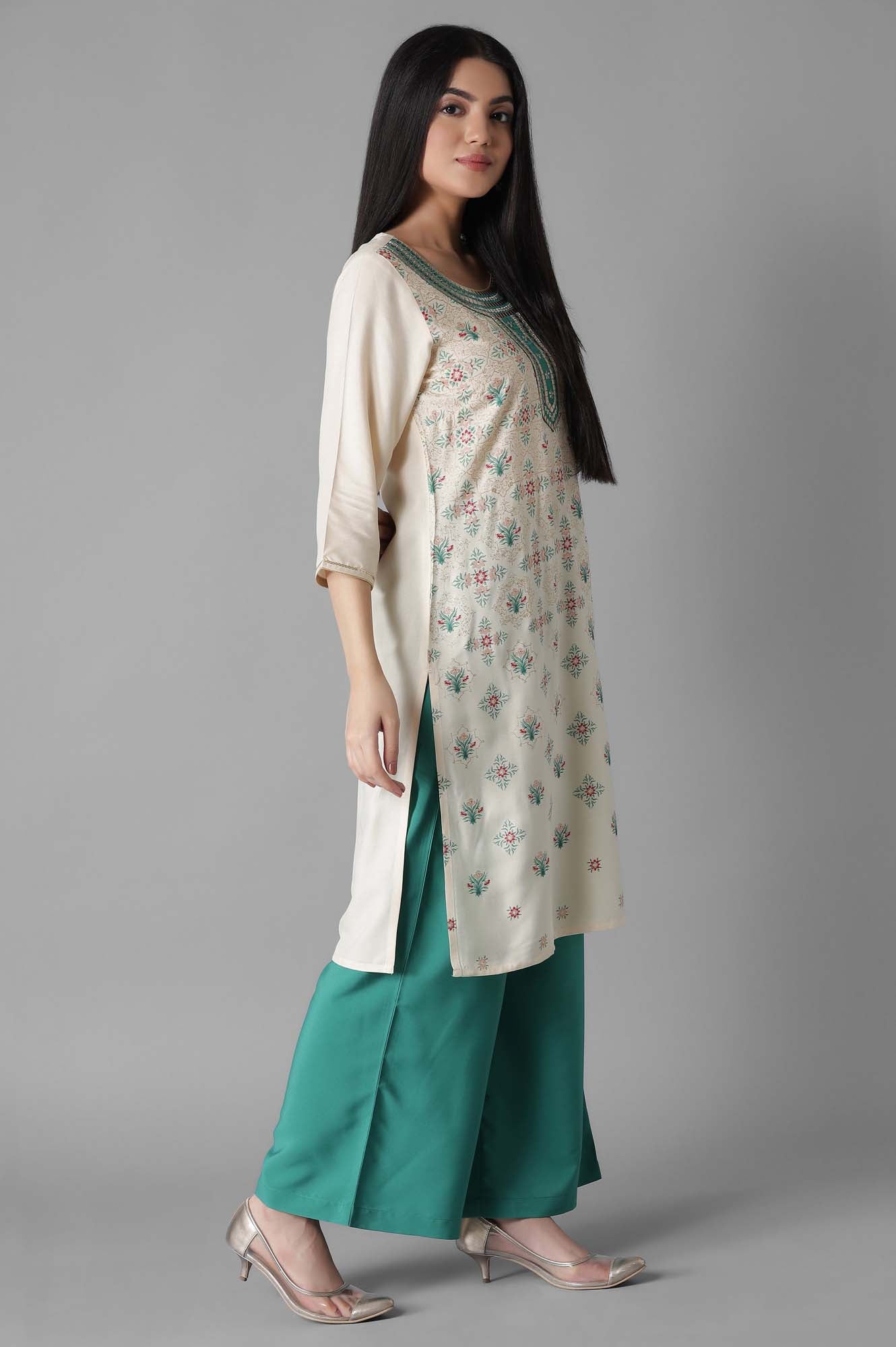 Natural Embroidered Mughal Print kurta Palazzos Set