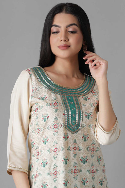 Natural Embroidered Mughal Print kurta Palazzos Set