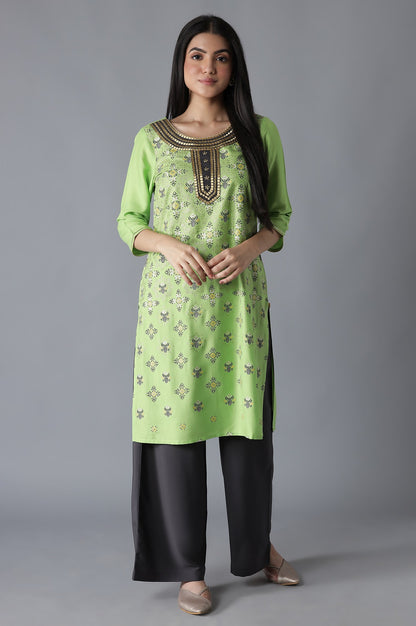 Green Embroidered Mughal Print kurta Palazzos Set