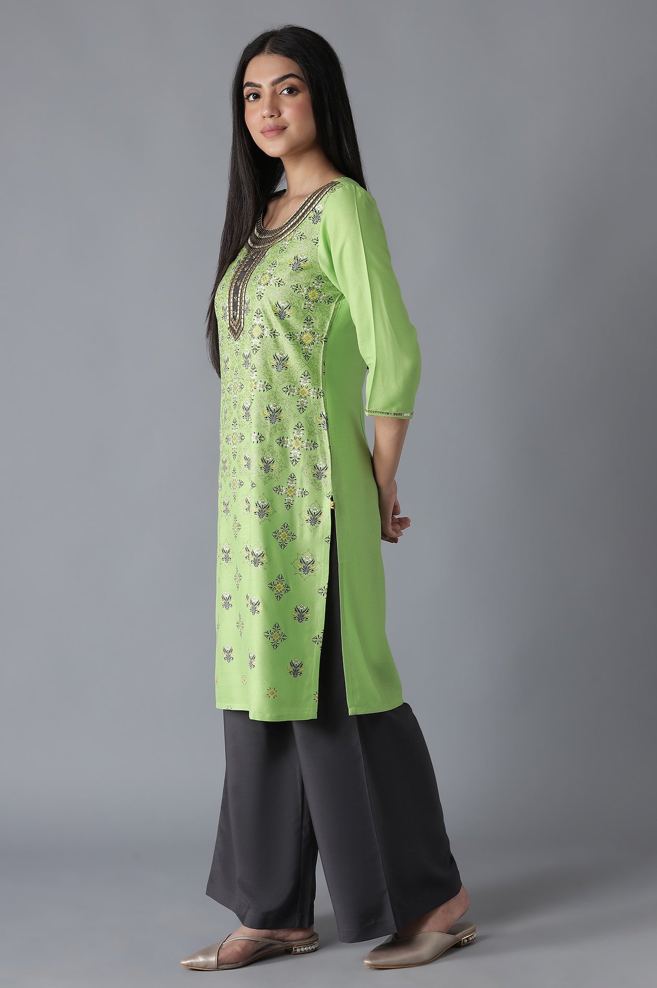 Green Embroidered Mughal Print kurta Palazzos Set