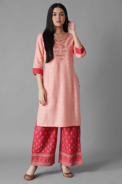 Peach Pink Embroidered kurta Palazzos Set