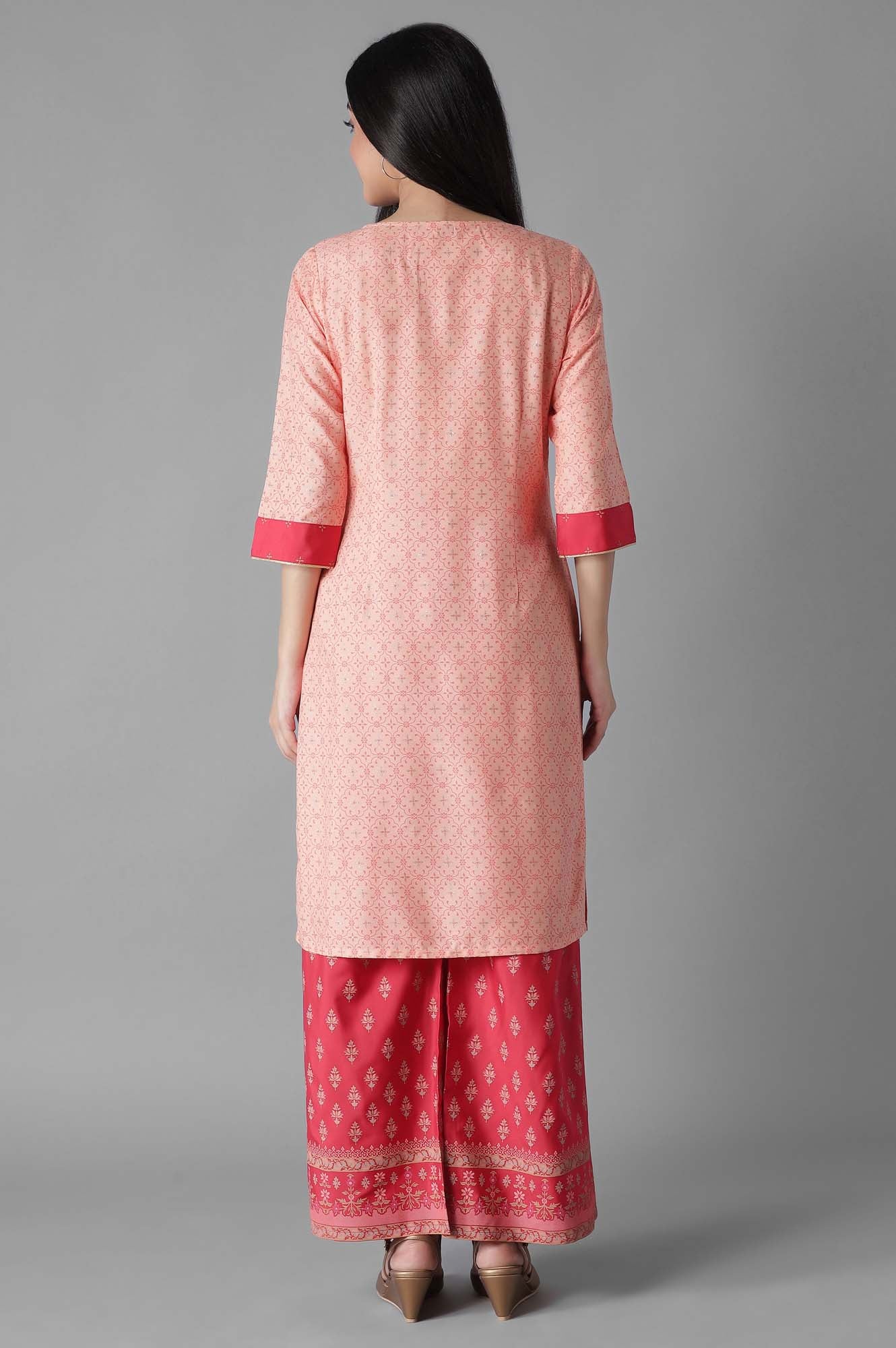 Peach Pink Embroidered kurta Palazzos Set