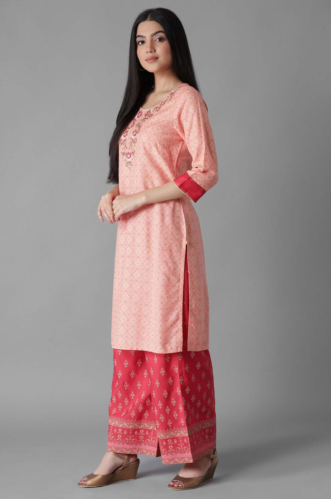 Peach Pink Embroidered kurta Palazzos Set