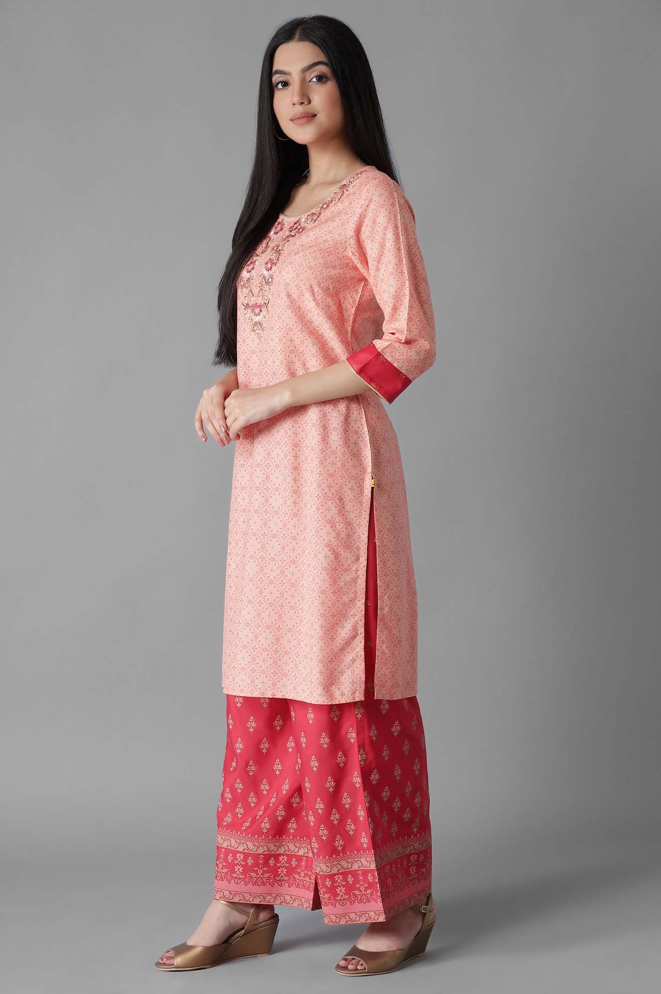 Peach Pink Embroidered kurta Palazzos Set