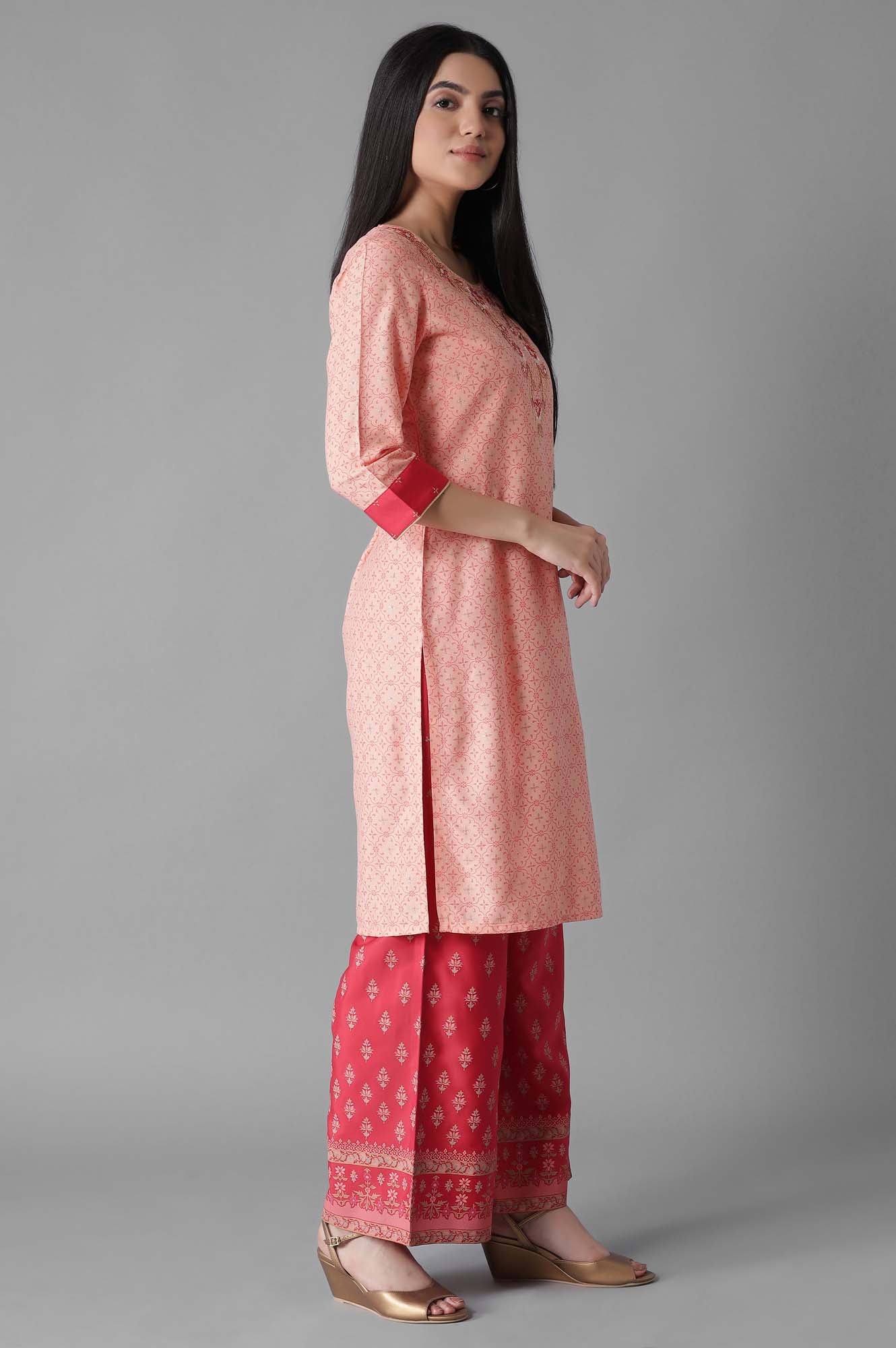 Peach Pink Embroidered kurta Palazzos Set