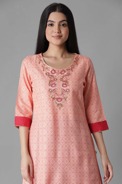 Peach Pink Embroidered kurta Palazzos Set