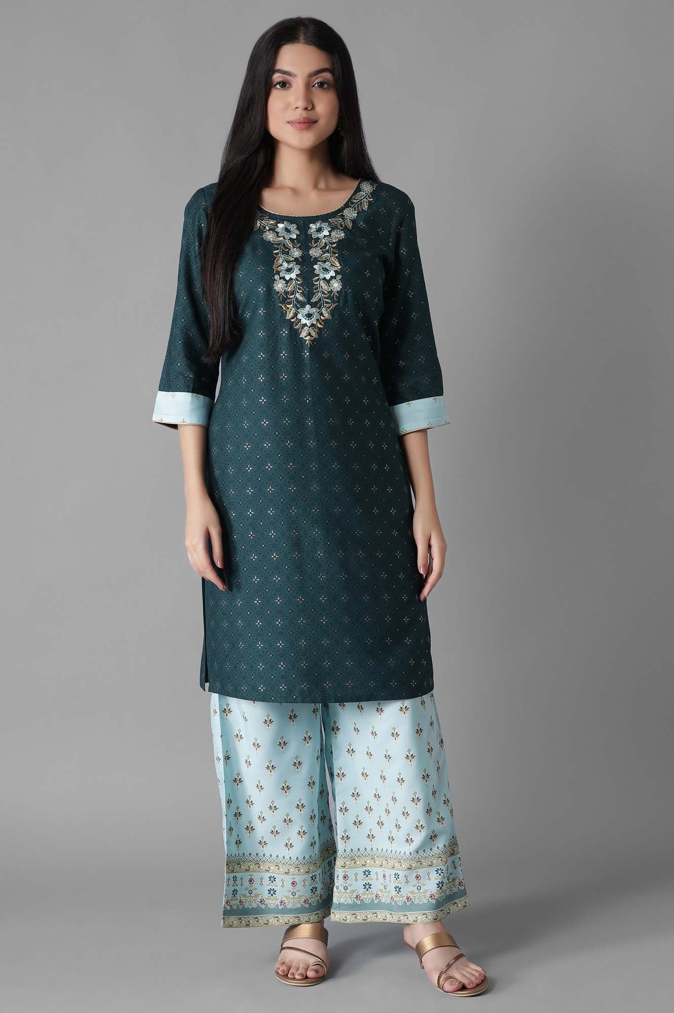 Blue Embroidered kurta Palazzos Set