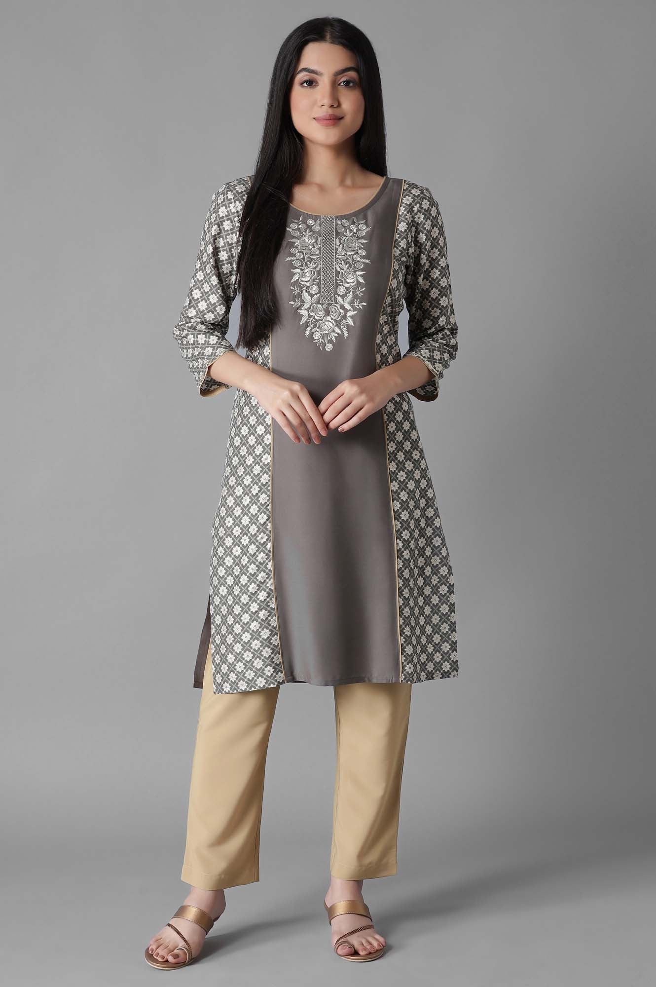 Grey Embroidered Mughal Print kurta Trousers Set