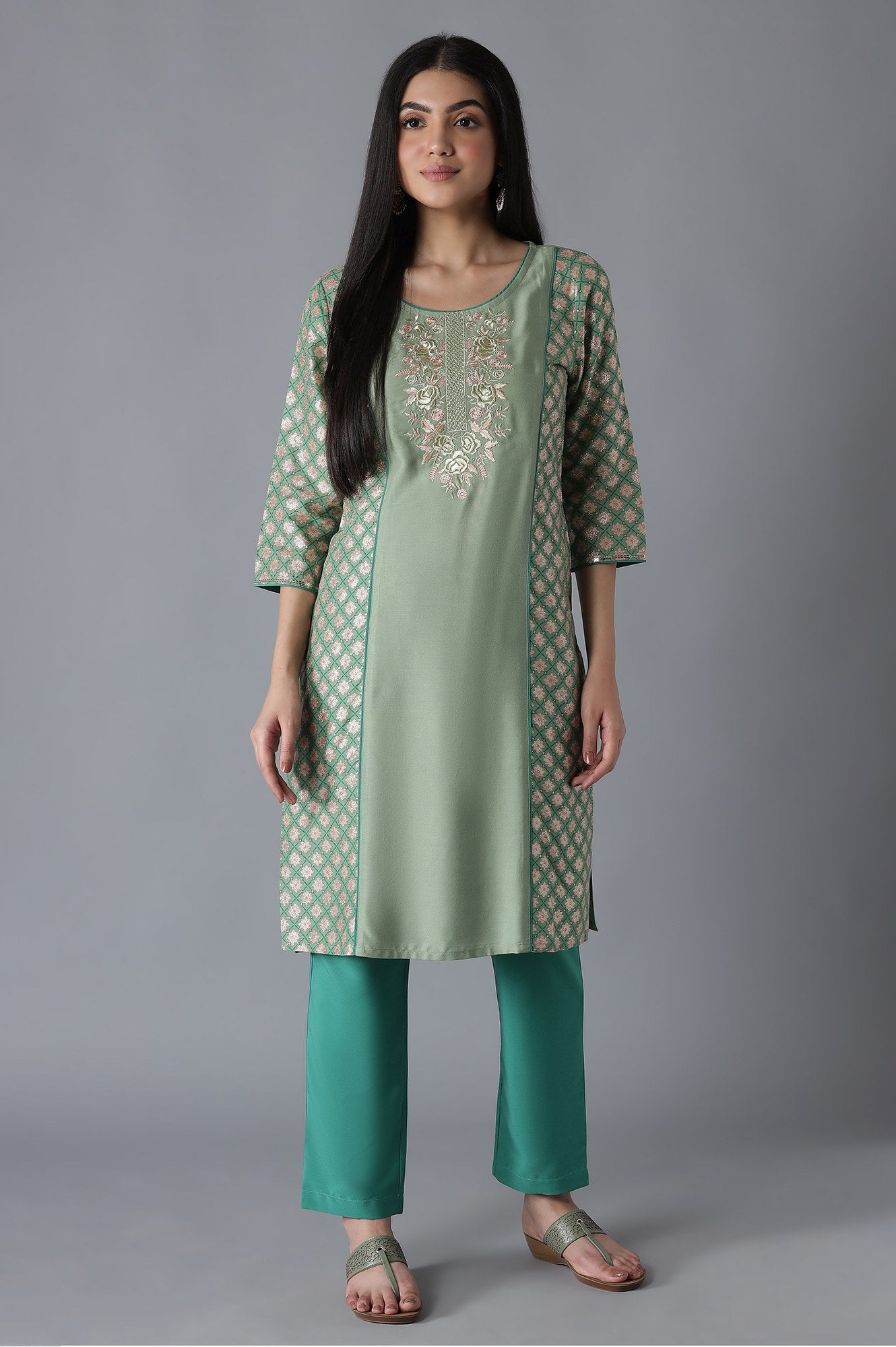 Green Embroidered Mughal Print kurta Trousers Set