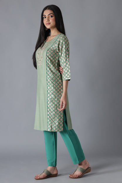 Green Embroidered Mughal Print kurta Trousers Set