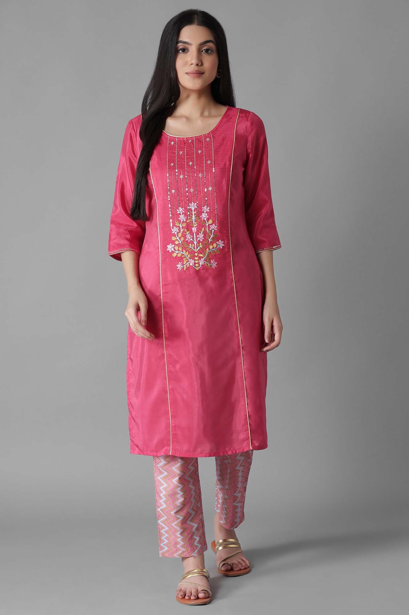 Pink Embroidered Panelled kurta Trousers Set