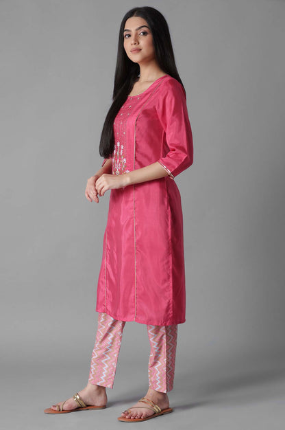 Pink Embroidered Panelled kurta Trousers Set