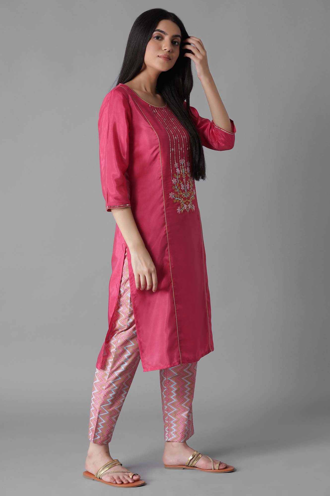 Pink Embroidered Panelled kurta Trousers Set