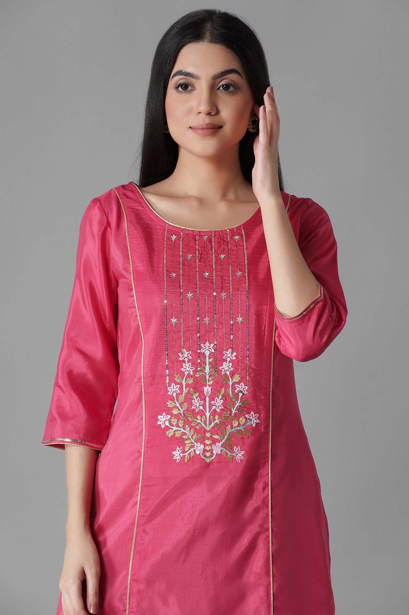 Pink Embroidered Panelled kurta Trousers Set