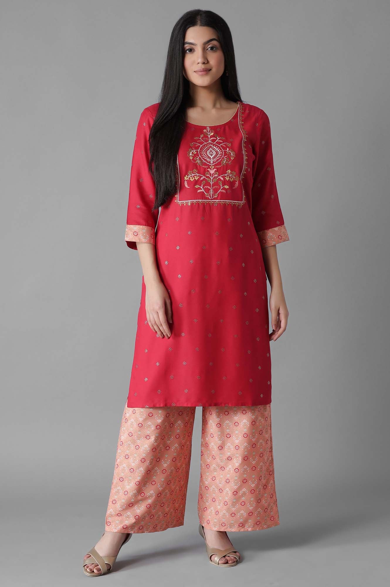 Maroon Embroidered Mughal Print kurta Palazzos Set