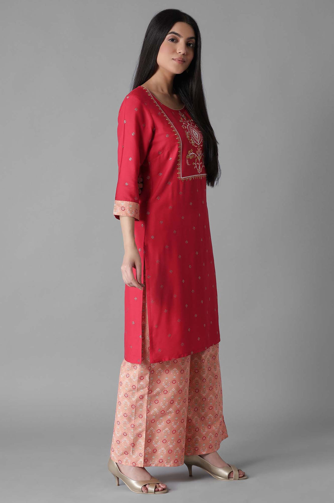 Maroon Embroidered Mughal Print kurta Palazzos Set