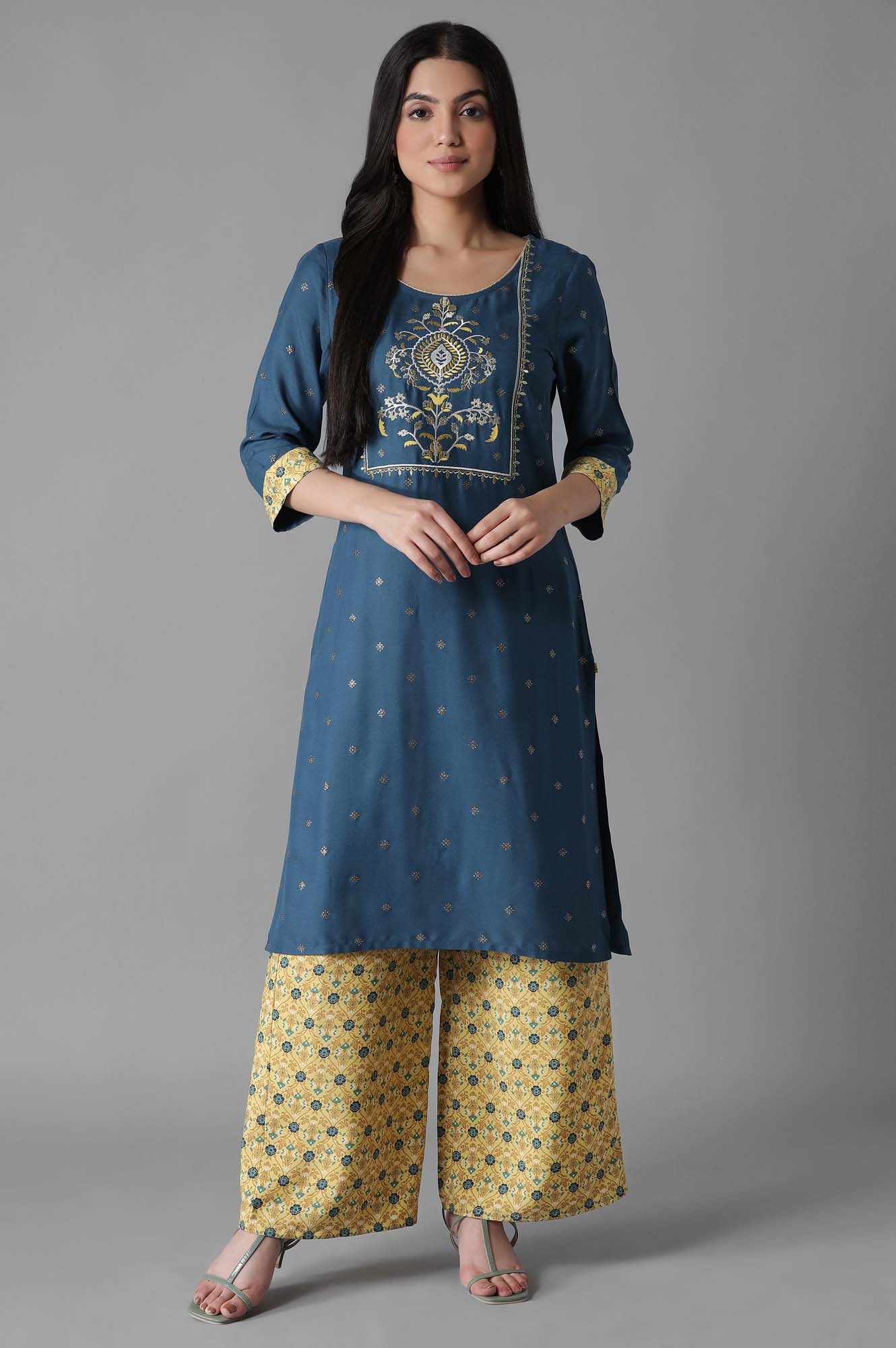 Blue Embroidered Mughal Print kurta Palazzos Set