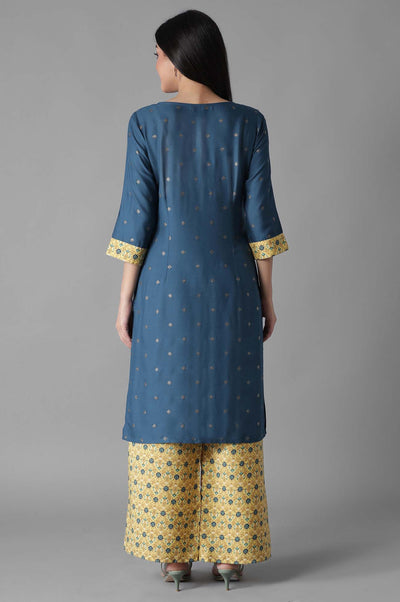 Blue Embroidered Mughal Print kurta Palazzos Set