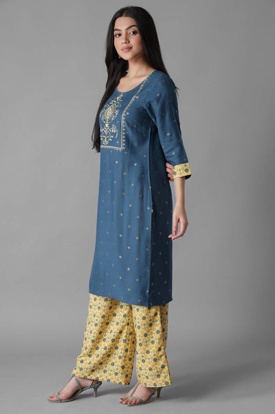 Blue Embroidered Mughal Print kurta Palazzos Set
