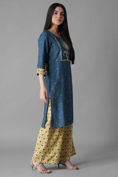 Blue Embroidered Mughal Print kurta Palazzos Set