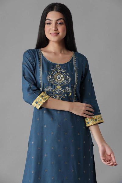 Blue Embroidered Mughal Print kurta Palazzos Set