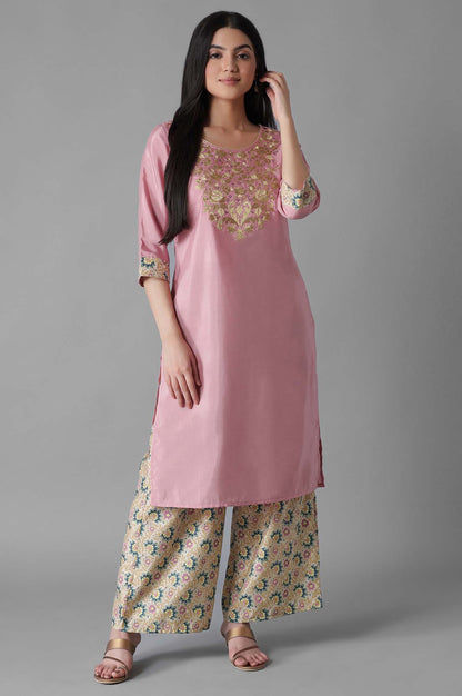 Pink Embroidered Solid kurta Palazzos Set