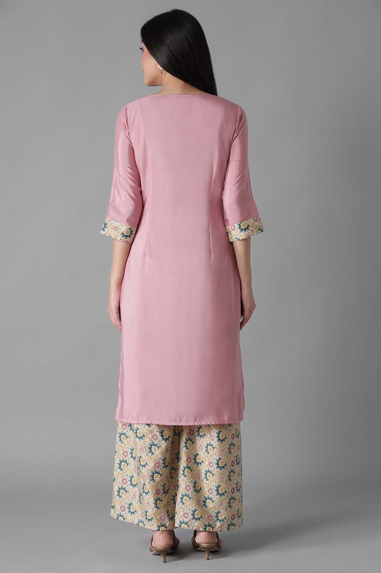 Pink Embroidered Solid kurta Palazzos Set