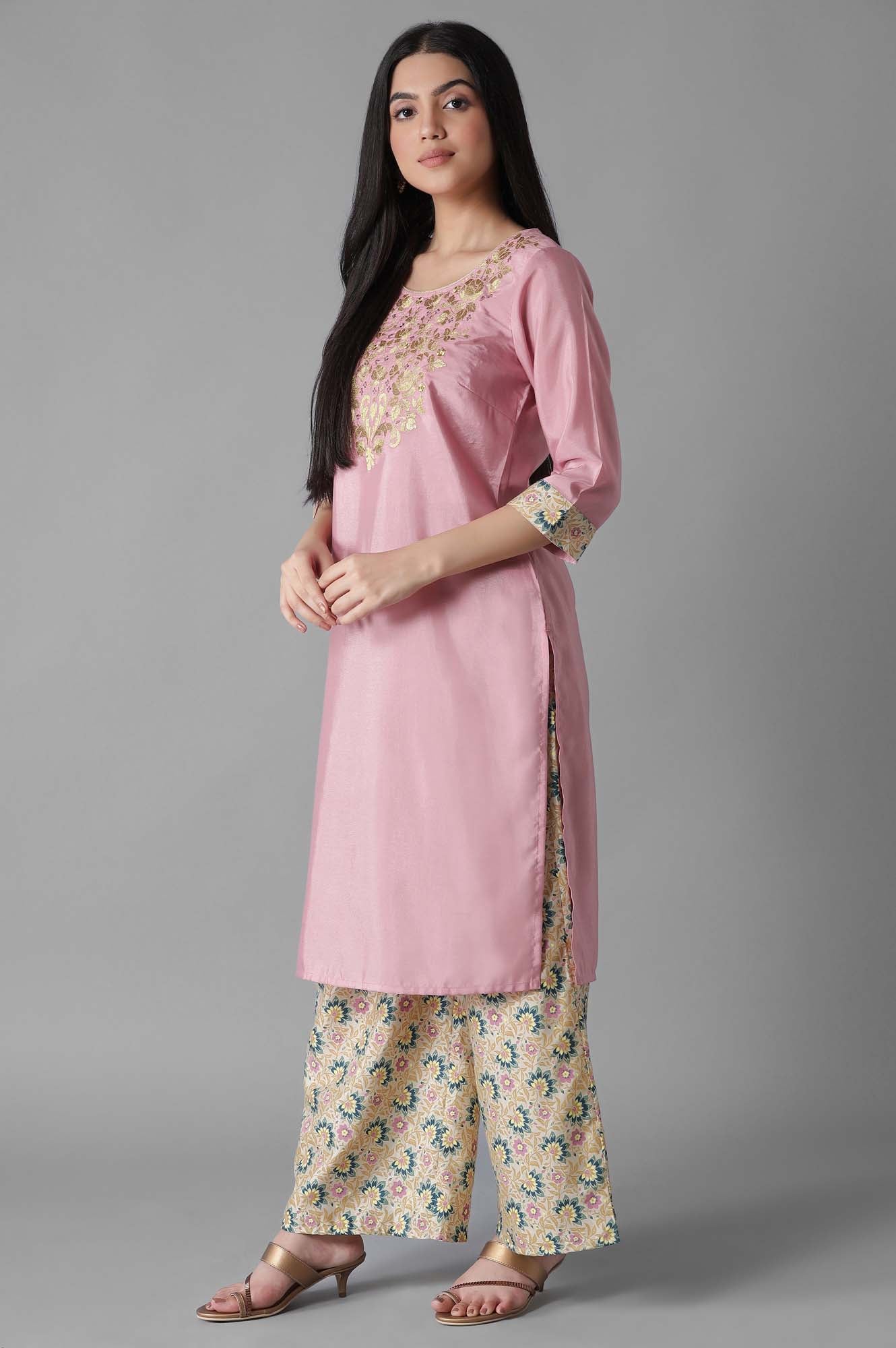 Pink Embroidered Solid kurta Palazzos Set