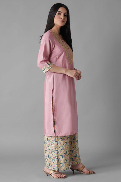 Pink Embroidered Solid kurta Palazzos Set