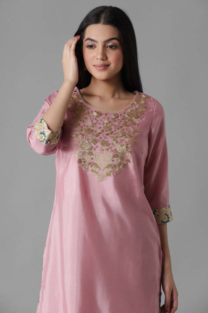 Pink Embroidered Solid kurta Palazzos Set