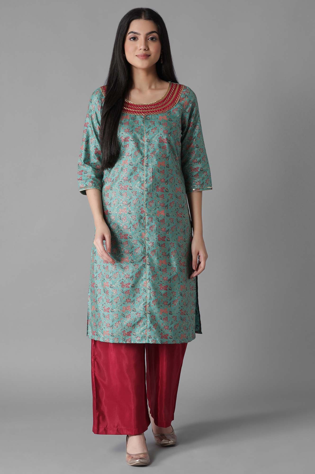 Green Embroidered Mughal Print Straight kurta Palazzos Set