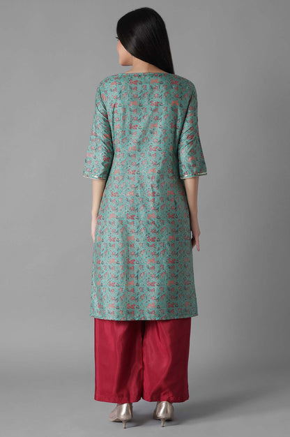 Green Embroidered Mughal Print Straight kurta Palazzos Set