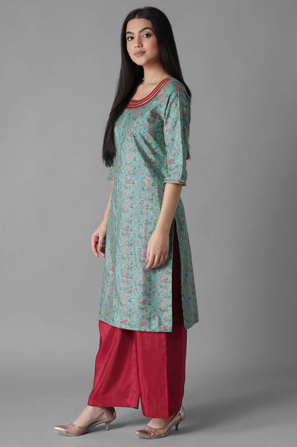 Green Embroidered Mughal Print Straight kurta Palazzos Set