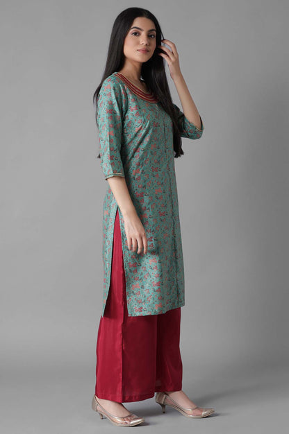 Green Embroidered Mughal Print Straight kurta Palazzos Set