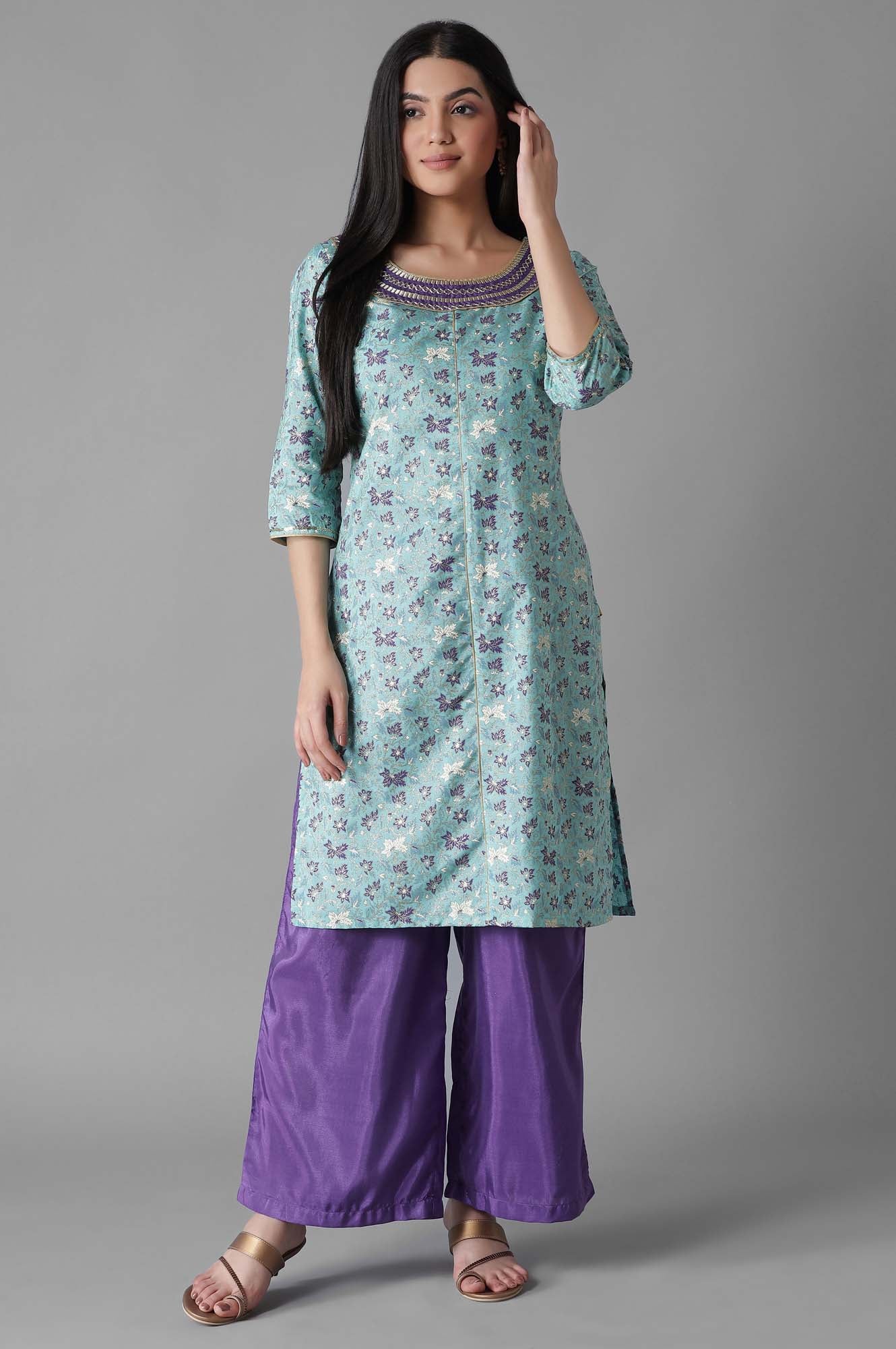 Blue Embroidered Mughal Print Straight kurta Palazzos Set