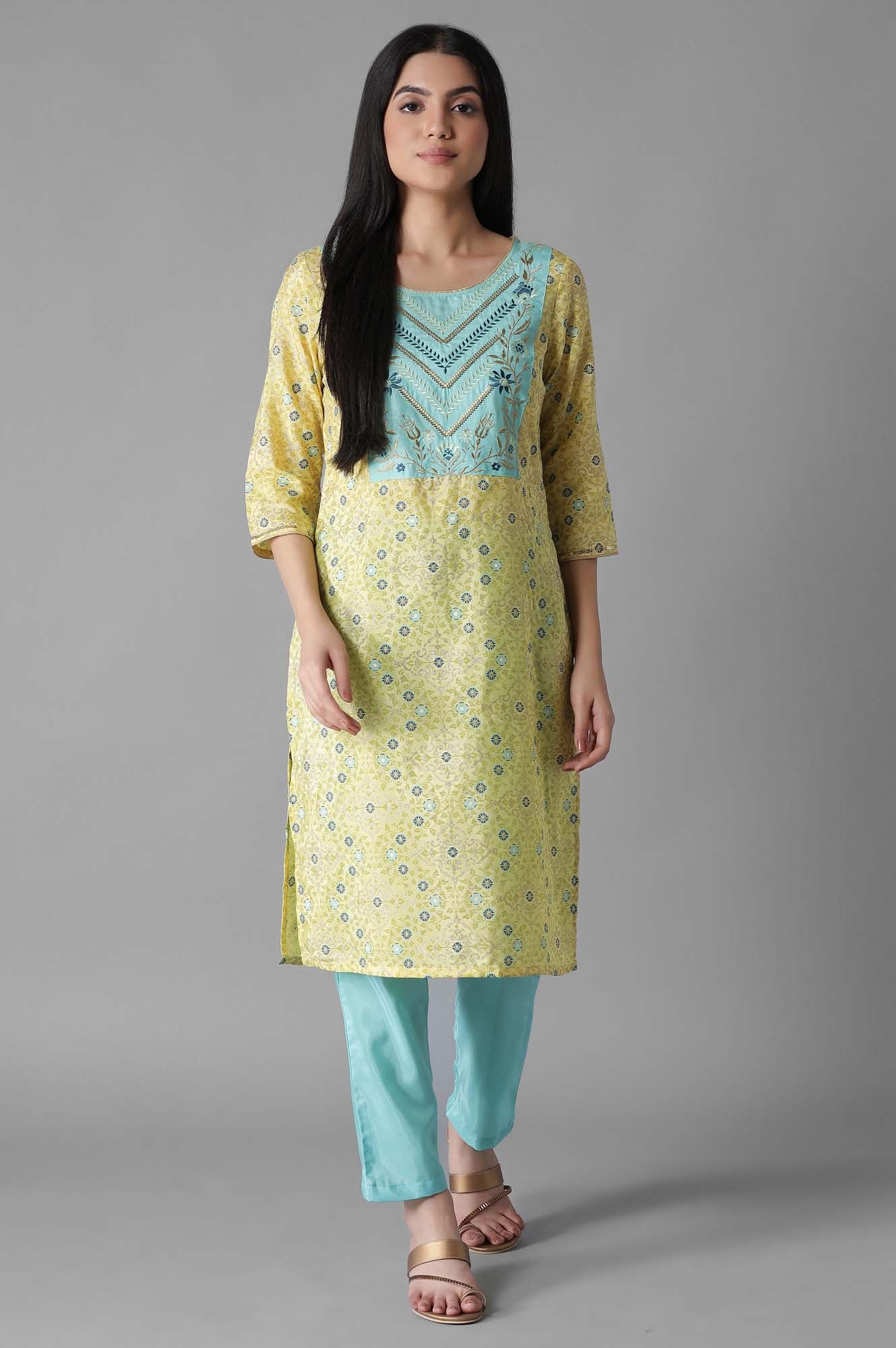 Yellow Embroidered Mughal Print Panelled kurta Trousers Set